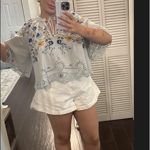 SEA New York Blue Embroidered Crop Top LARGE Boho Cottage Designer Boho $400 - Picture 4 of 11